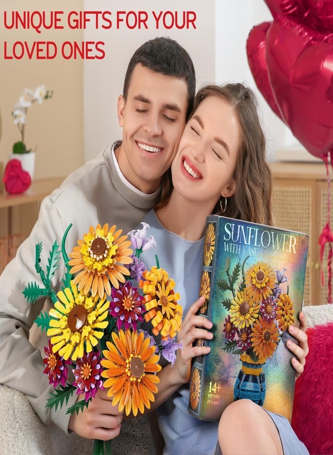 Qinline Sunflower Bouquet Building Blocks w/ Vase Set, 1065 PCS Botanical Collection Valentine Birthday Gifts for Adult Women Her Him Mom Teenage, Artificial Flower Home Decor Stocking Stuffers for Teen Girls - Image 2